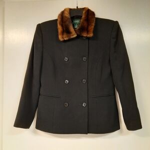 Ralph Lauren Black Wool Jacket Womens Size 6 Double Button Faux Fur Trim Collar
